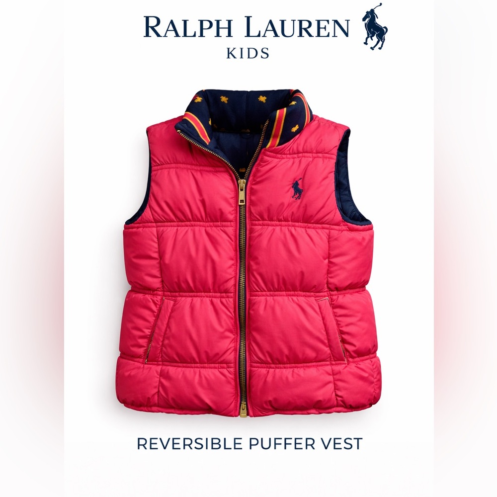Ralph Lauren Girls Reversible Puffer Vest Pink Navy Size 5